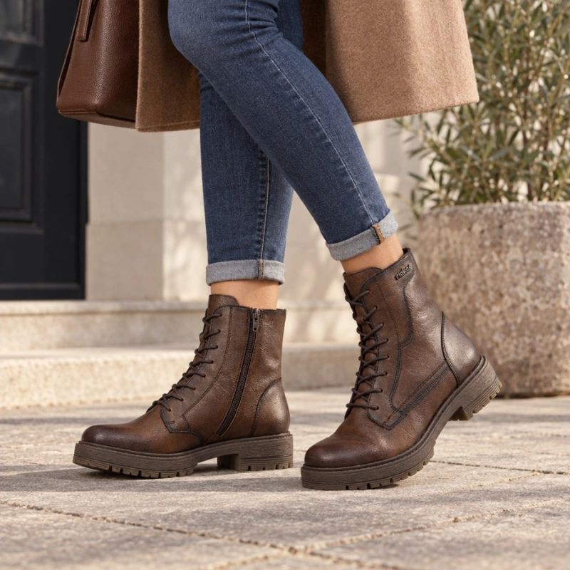 Brown women's leather worker boots Rieker 75800-25