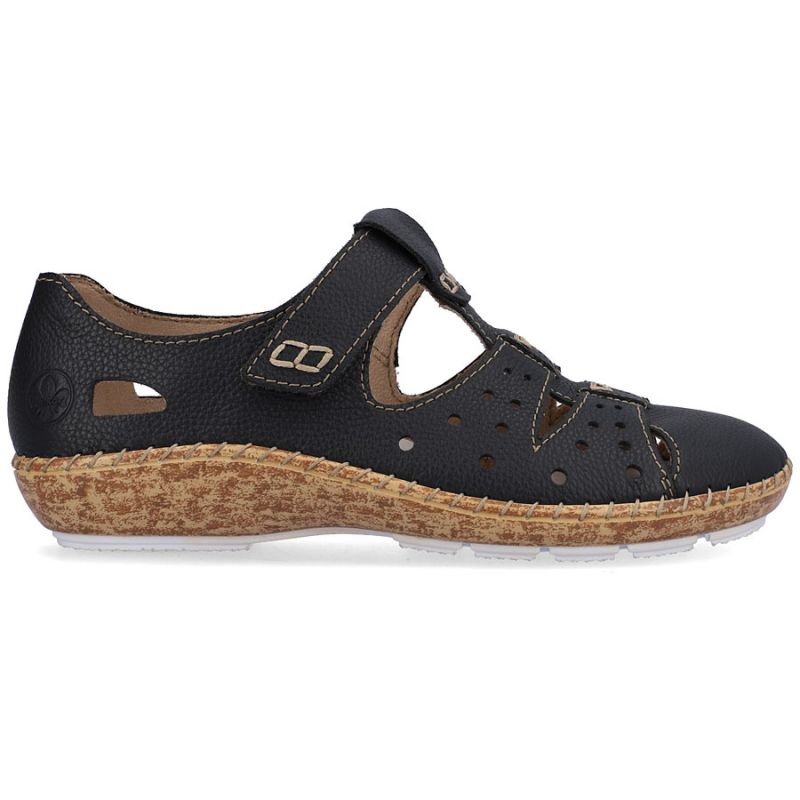 Women's leather openwork shoes, comfortable, with Velcro, black, Rieker 44852-14 Rieker