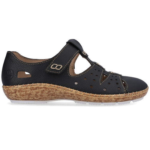 Women's leather openwork shoes, comfortable, with Velcro, black, Rieker 44852-14 Rieker