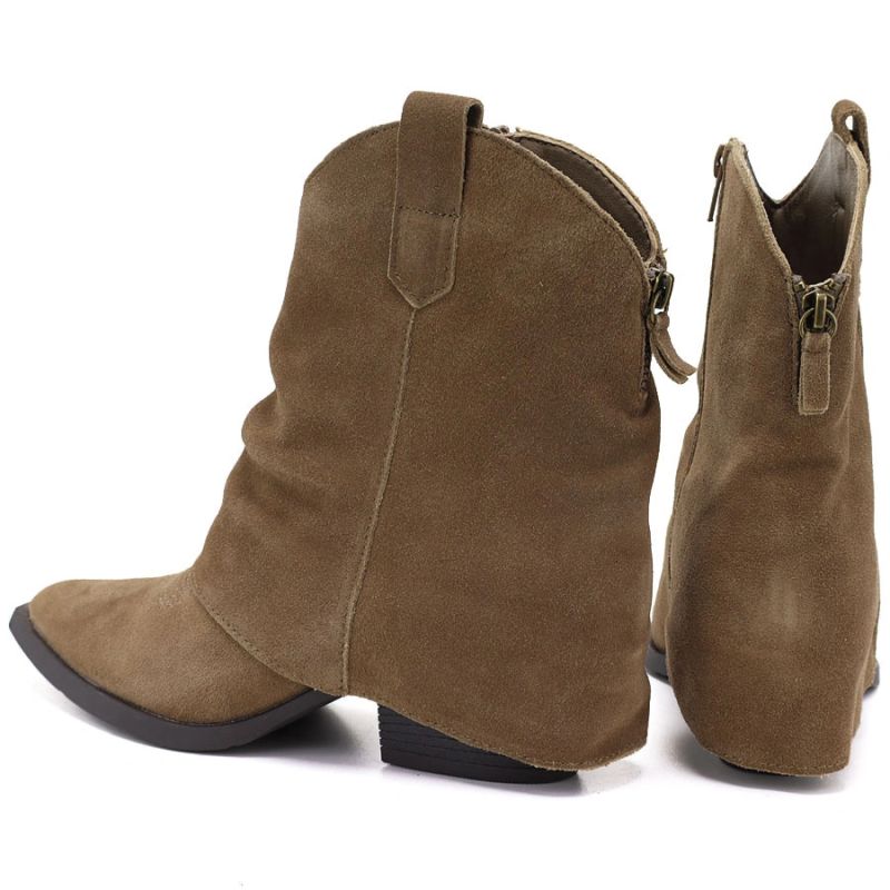 Women’s leather cowboy ankle boots with folded shaft, beige Vinceza 31715