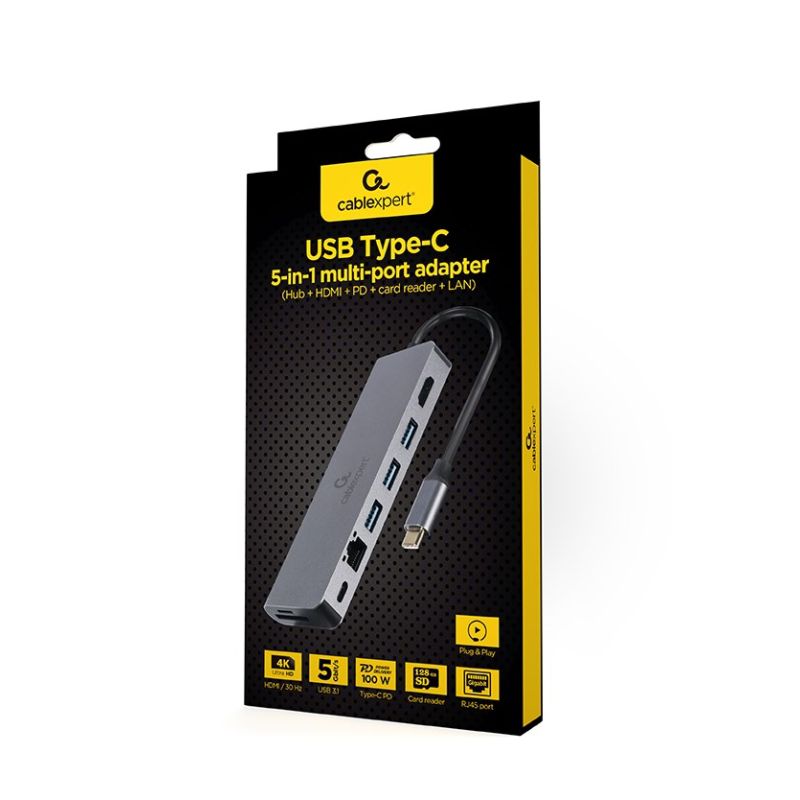 GEMBIRD MULTI ADAPTER USB TYPE-C 5IN1 HUB, HDMI, CARD READER, LAN, PD - 100W) Kable i adaptery/Adaptery, przejściówki Your Sports Performance