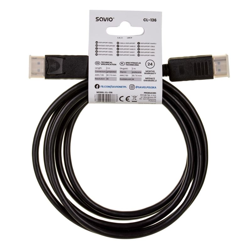 SAVIO CL-136 cable (DisplayPort M - DisplayPort M; 2m; black) Kable i adaptery/Kable DisplayPort Your Sports Performance