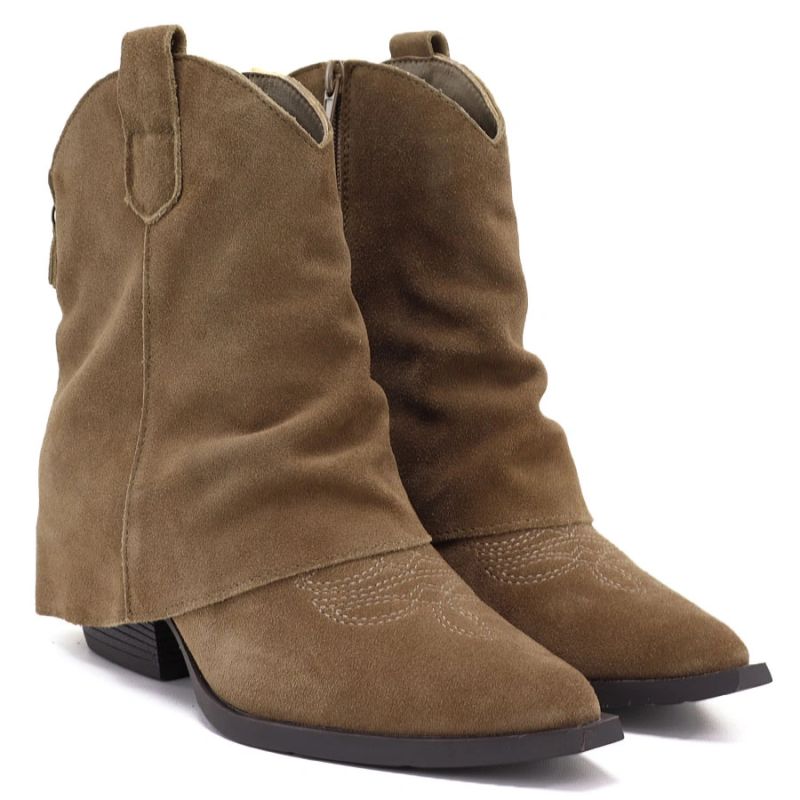 Women’s leather cowboy ankle boots with folded shaft, beige Vinceza 31715