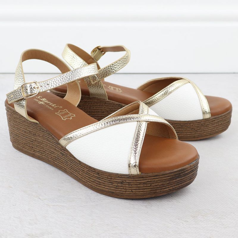 Women's wedge sandals in white and gold S.Barski PL51-324 Footwear Your Sports Performance