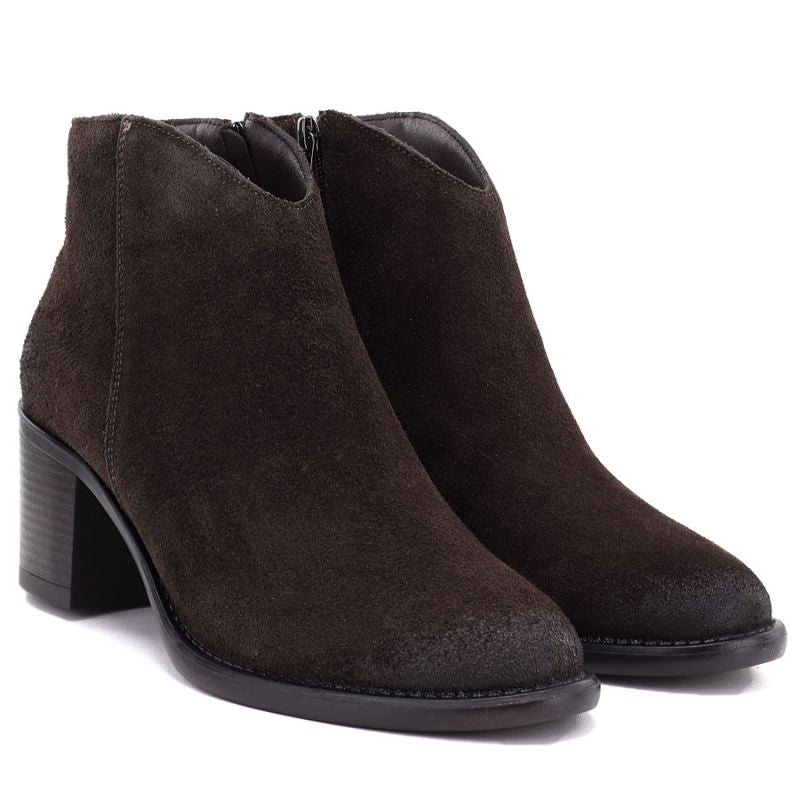 Women's leather ankle boots with a block heel, suede, chocolate, Cambell JE19473