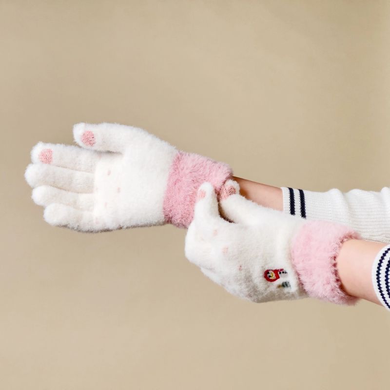 Women's winter telephone gloves with a snowman and a Christmas tree - white and pink Hurtel