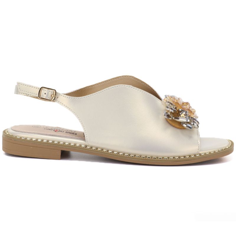 Women's flat leather sandals with crystals, gold, S.Barski 61-6004 S.Barski
