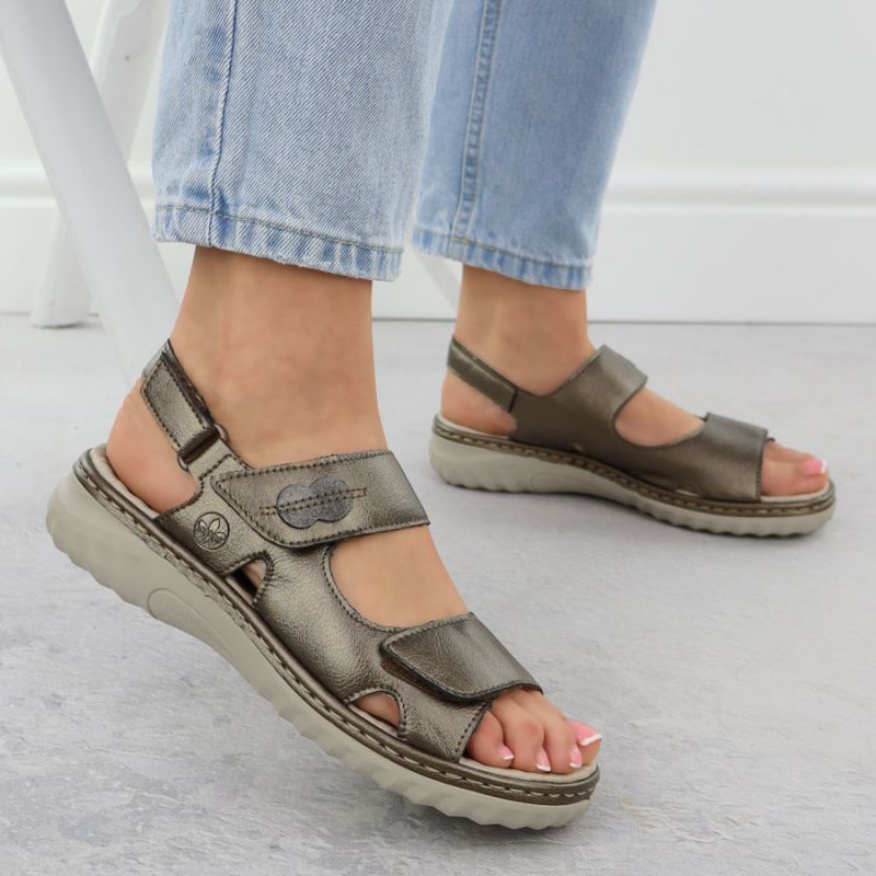 Women's leather sandals with Velcro, metallic brown, Rieker 60462-90 Footwear Your Sports Performance
