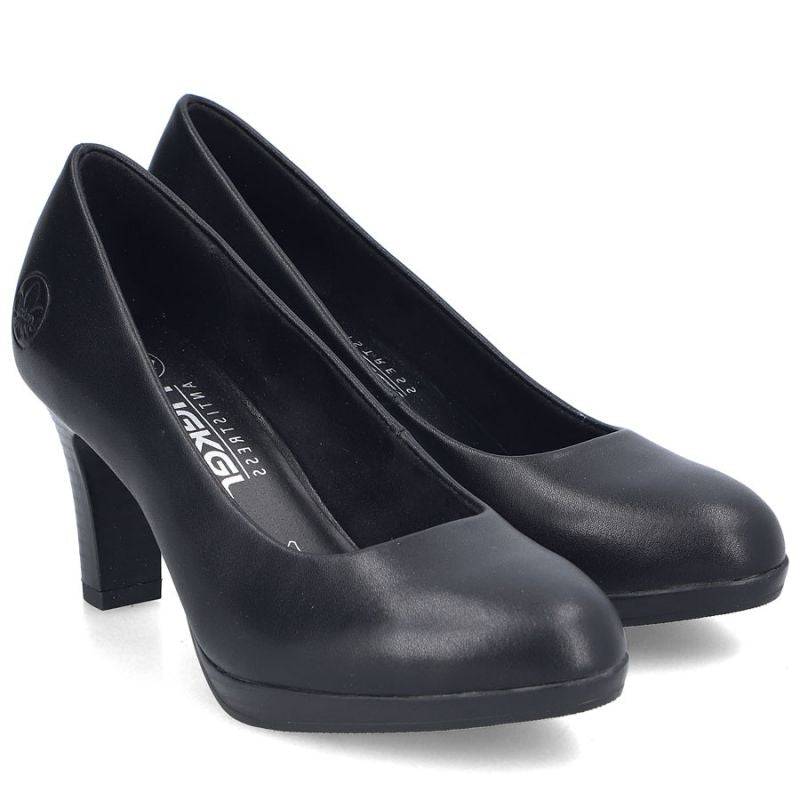 Rieker 41560-01 black leather pumps with a block heel