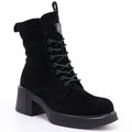 Women's leather ankle boots with a block heel and platform, black Vinceza 67009
