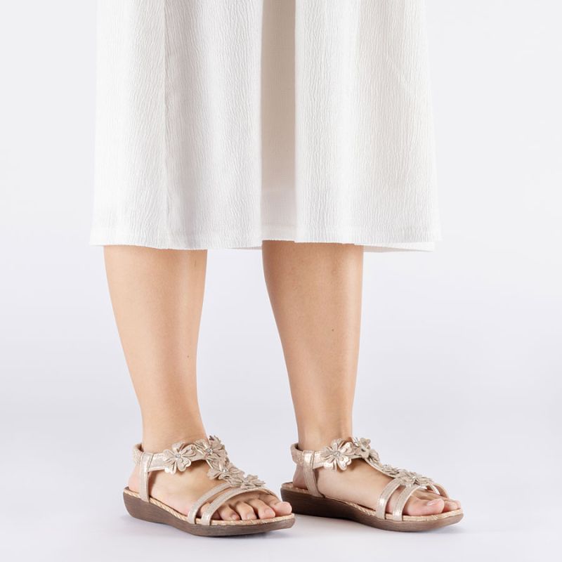 Women's gold floral slip-on sandals Rieker V7573-90 Rieker