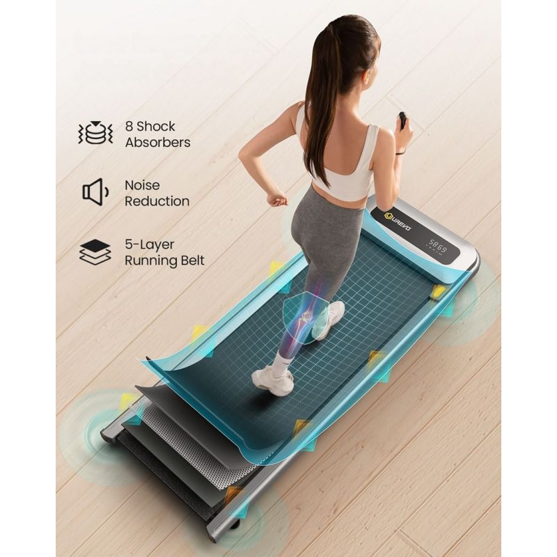 Urevo U1 Smart Walkingpad Treadmill + TUCKANO Electrically Adjustable Desk Black/Walnut In preparation Your Sports Performance