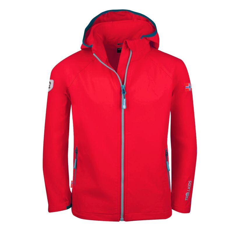 Trollkids Kids Kvalvika Jacket red hooded softshell jacket for girls/boys (328-414) In preparation Your Sports Performance