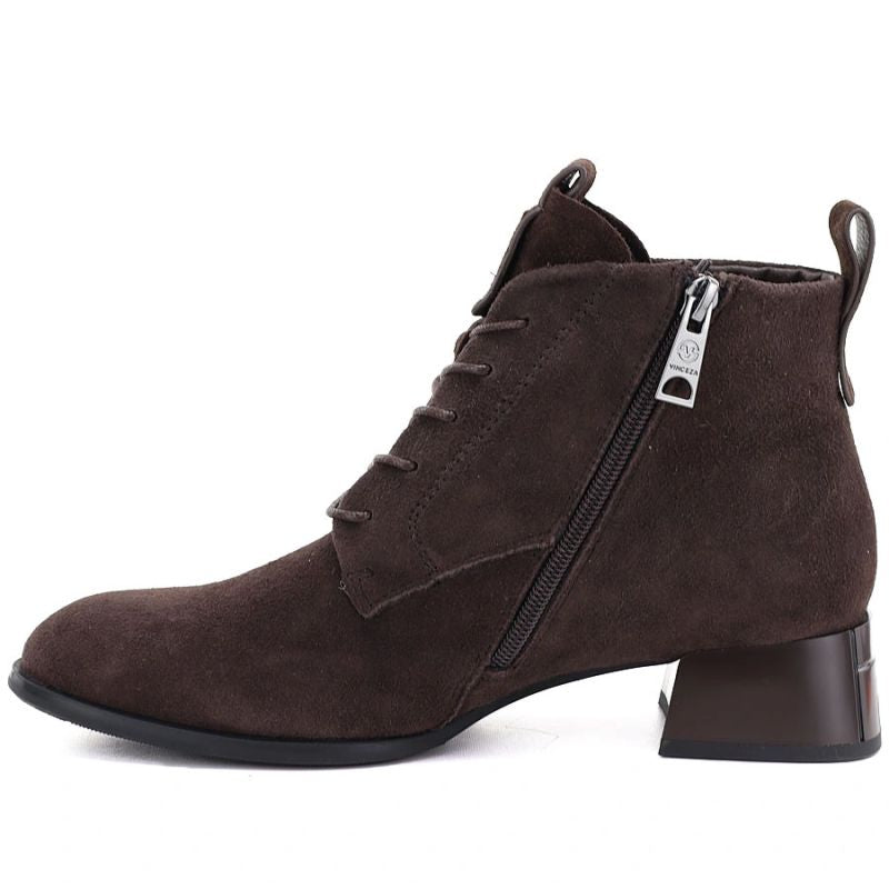 Women's leather ankle boots with high heels, suede, dark brown, Vinceza FIO27-67036