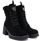 Women's leather ankle boots with a block heel and platform, black Vinceza 67009