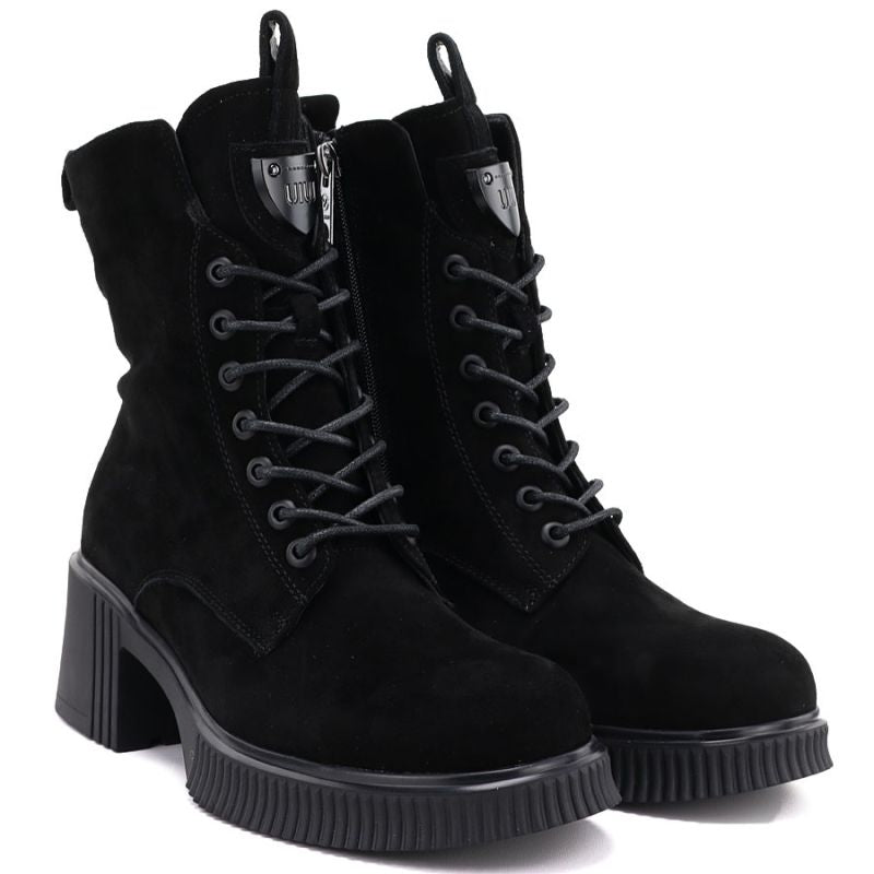 Women's leather ankle boots with a block heel and platform, black Vinceza 67009
