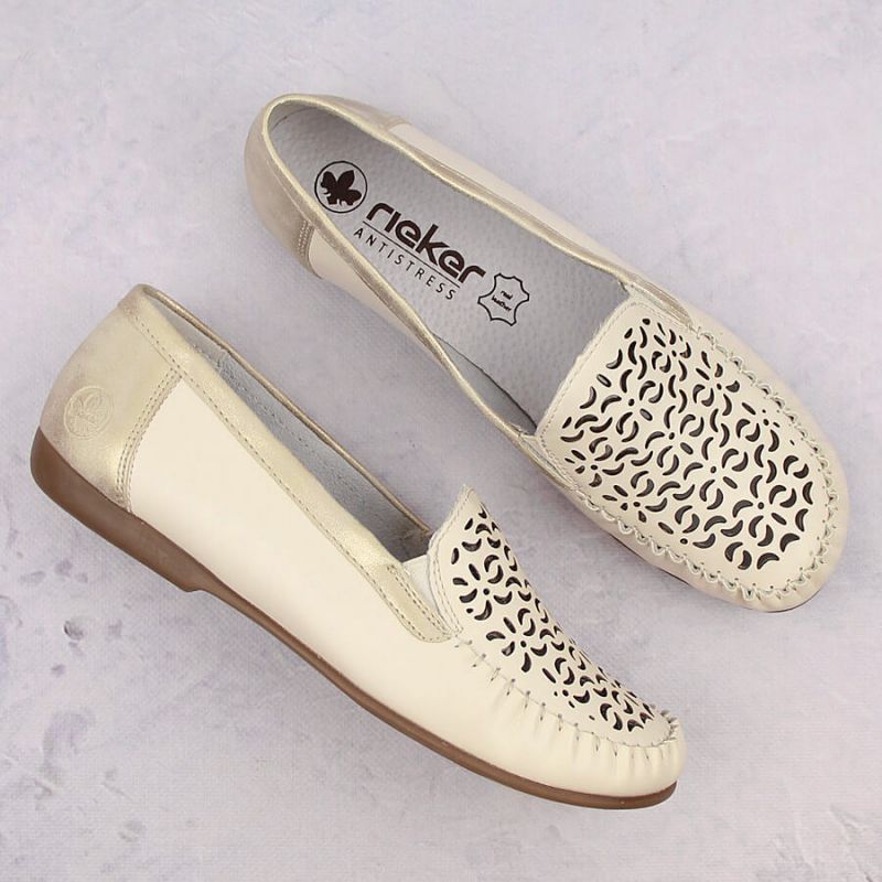 Rieker W RKR658 comfortable leather openwork shoes, beige