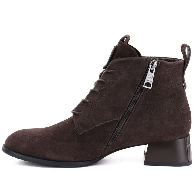 Women's leather ankle boots with high heels, suede, dark brown, Vinceza FIO27-67036