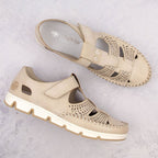 Rieker W RKR651 beige leather openwork shoes with velcro