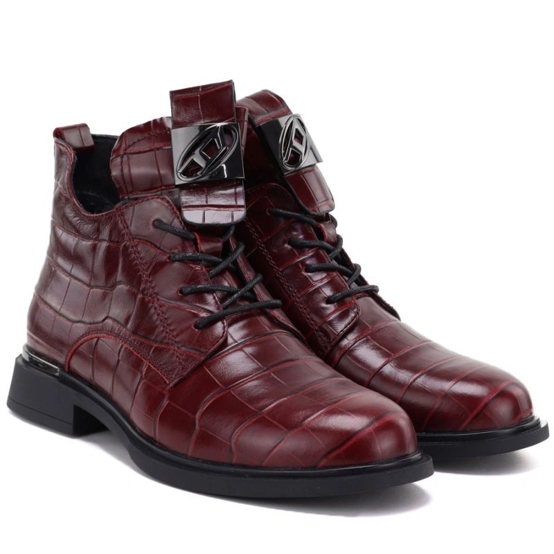 Red Crocodile-Effect Leather Ankle Boots for Women Vinceza 86453