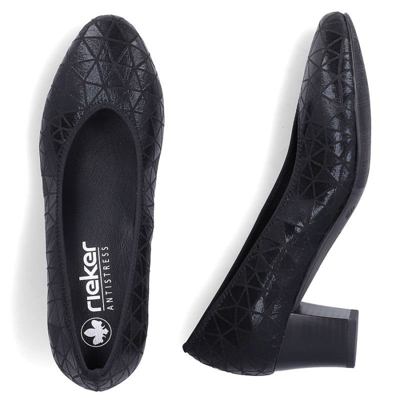 Women's leather pumps with a low heel, black Rieker 44650-05