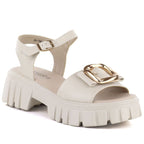 Women's leather sandals on a platform with decoration, beige Vinceza 26-79611 Vinceza
