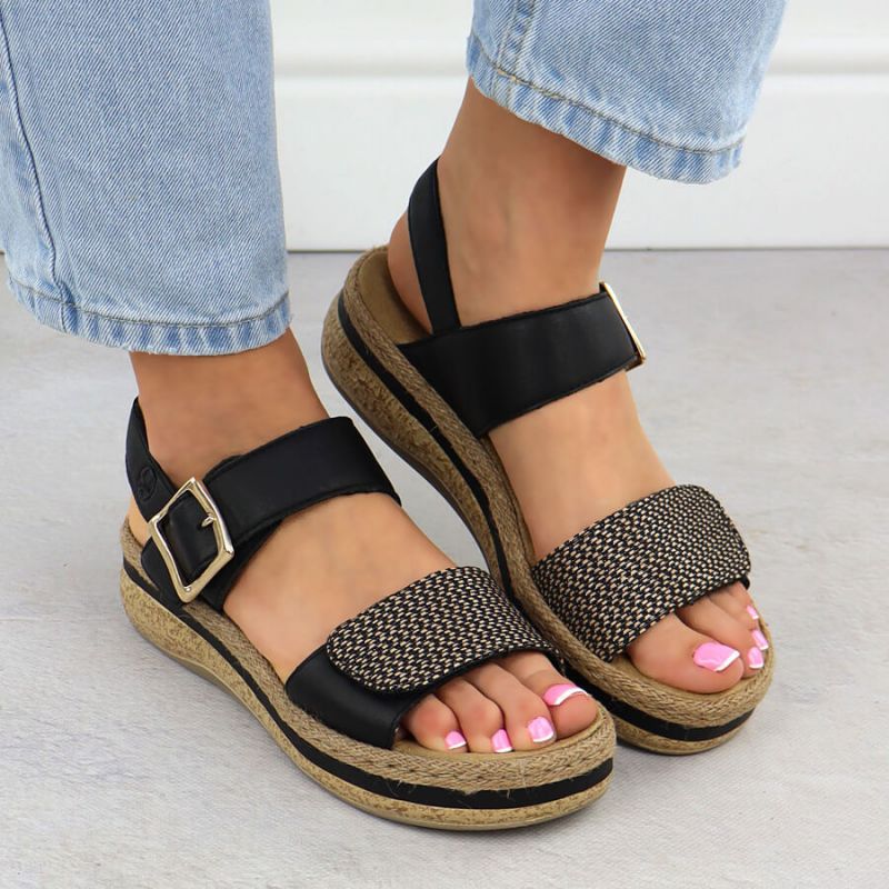 Women's leather wedge sandals with Velcro straps, black Rieker V0951 Footwear Your Sports Performance