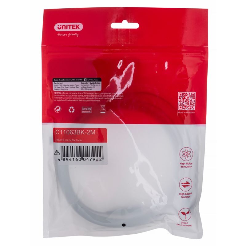 UNITEK HDMI 2.0 CABLE 4K60HZ, FLAT, 2M, C11063BK-2M Kable i adaptery/Kable HDMI Your Sports Performance