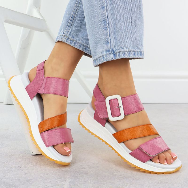 Rieker W2950-31 Women's Pink Leather High Heel Sandals Footwear Your Sports Performance