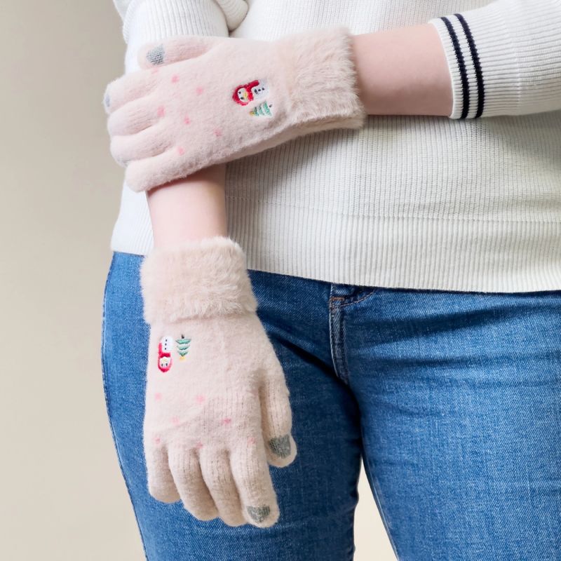 Women's winter telephone gloves with a snowman and a Christmas tree - beige Hurtel