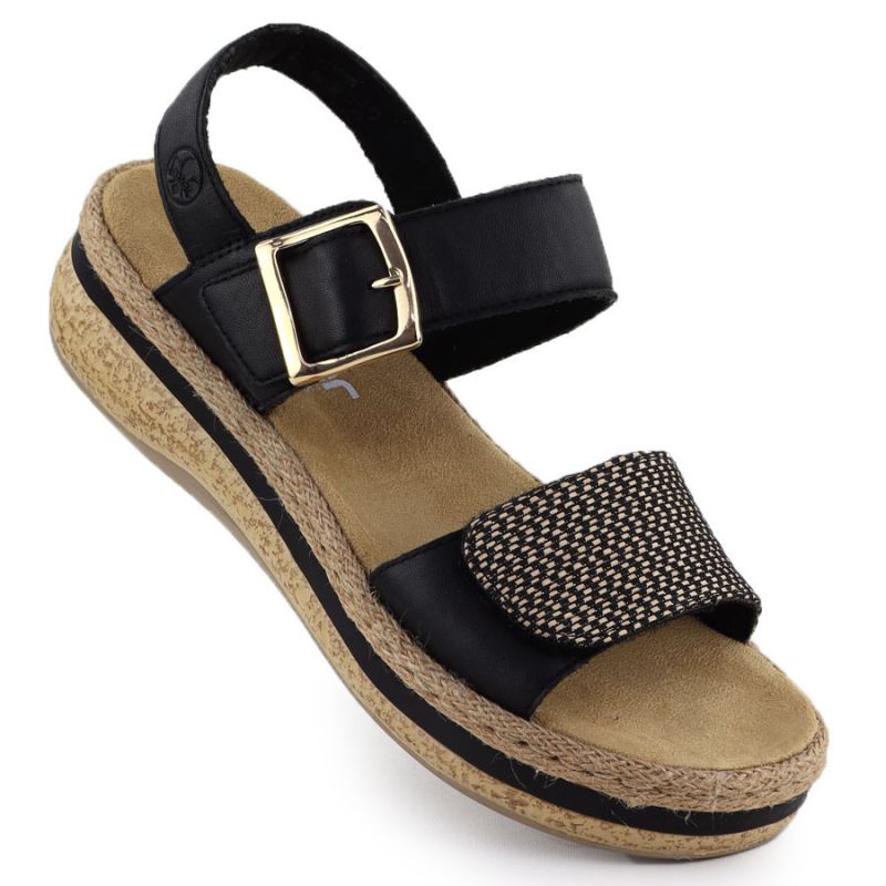 Women's leather wedge sandals with Velcro straps, black Rieker V0951 Footwear Your Sports Performance