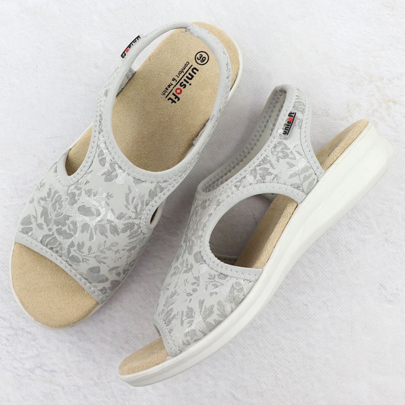 Women's elastic high heel sandals with floral pattern, gray Unisoft 7196 Footwear Your Sports Performance