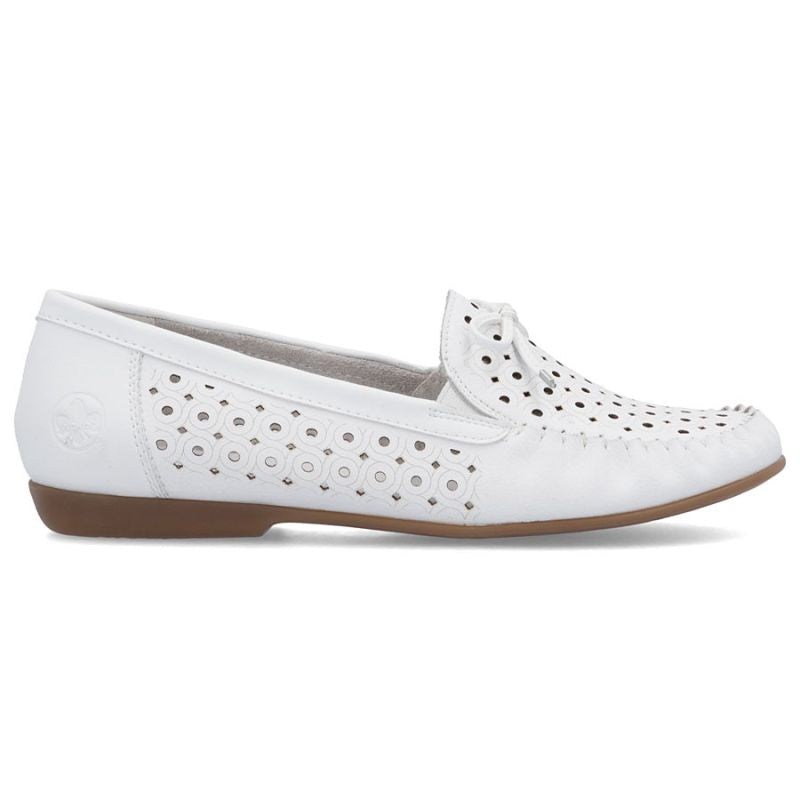 Women's leather moccasins, openwork, lightweight, comfortable, white, Rieker L6352-80 Rieker
