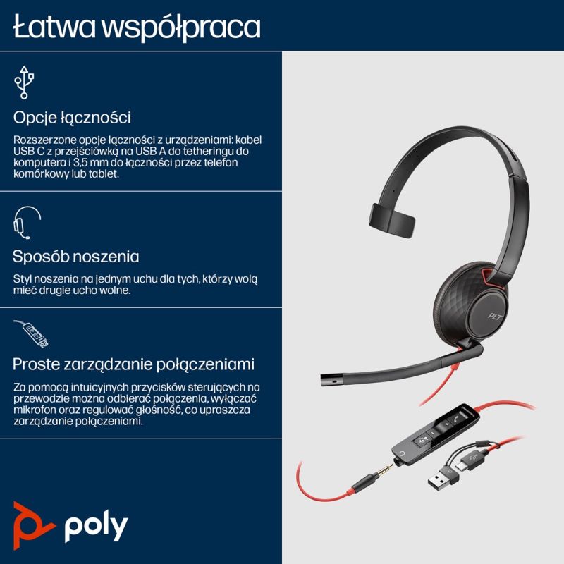 Poly Blackwire 5210 Monaural USB-C Headset +3.5mm Plug +USB-C/A Adapter (Bulk) Akcesoria GSM/Słuchawki przewodowe Your Sports Performance