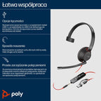 Poly Blackwire 5210 Monaural USB-C Headset +3.5mm Plug +USB-C/A Adapter (Bulk) Akcesoria GSM/Słuchawki przewodowe Your Sports Performance