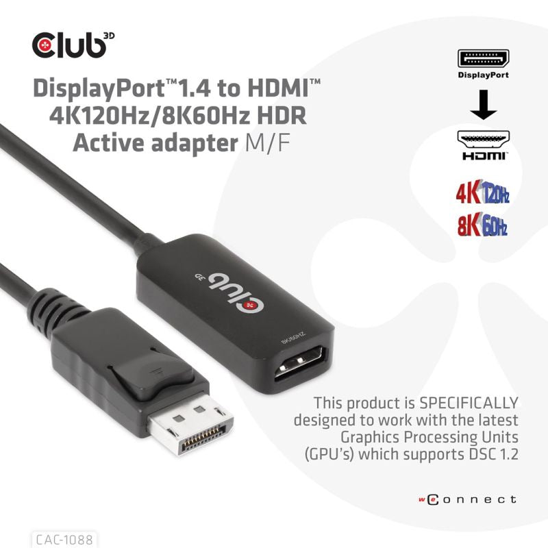 CLUB3D CAC-1088 Cable Adapter 0.21m DisplayPort HDMI Black Kable i adaptery/Adaptery, przejściówki Your Sports Performance