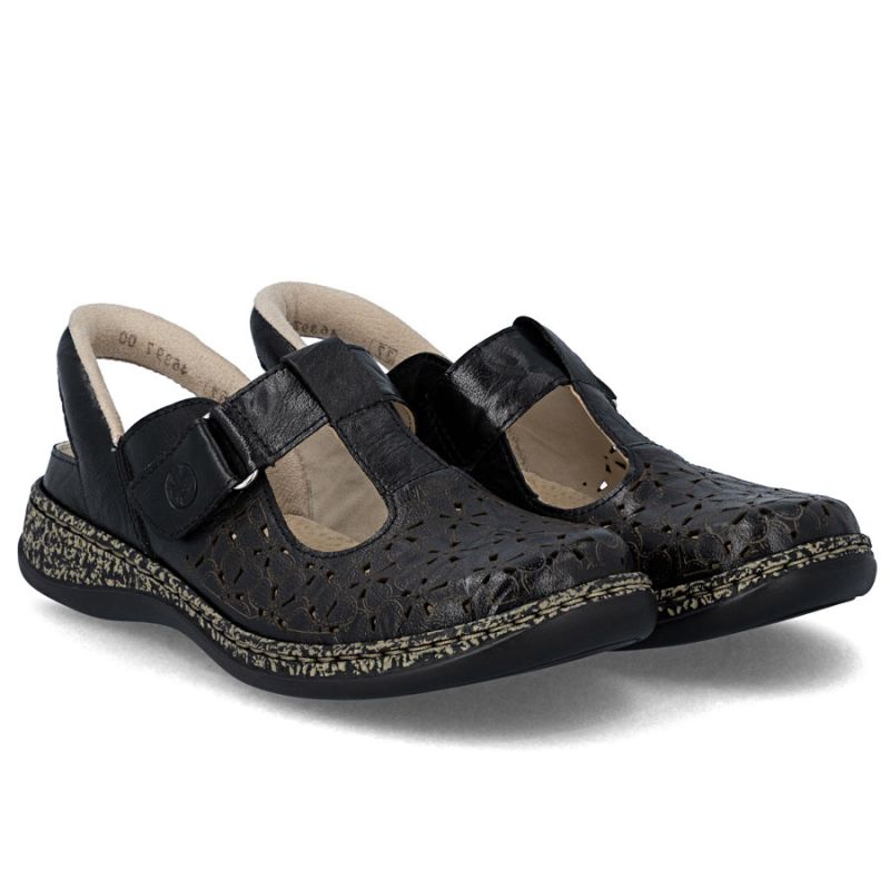 Women's leather openwork sandals, comfortable, wide, black, Rieker 46397-00 Rieker