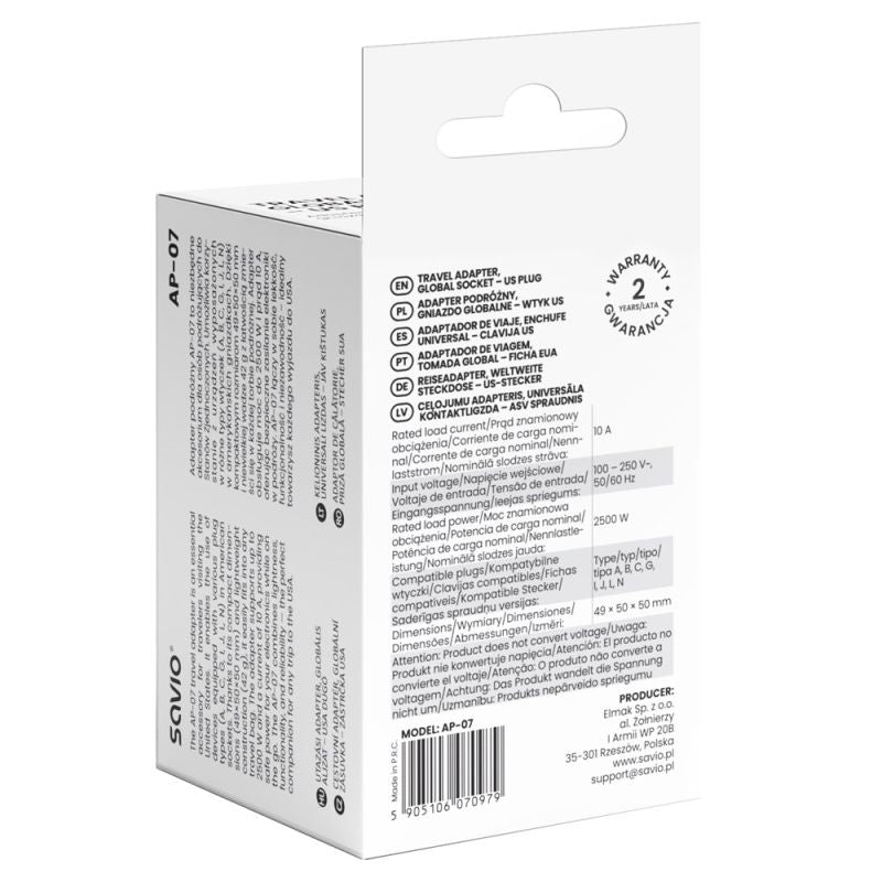 SAVIO TRAVEL ADAPTER GLOBAL SOCKET - US PLUG AP-07 Kable i adaptery/Adaptery, przejściówki Your Sports Performance