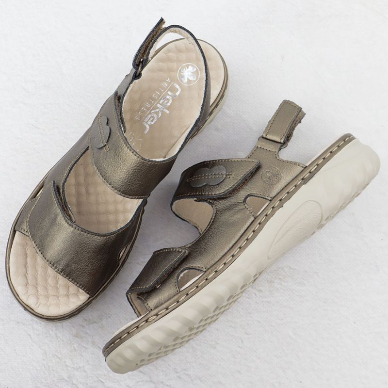 Women's leather sandals with Velcro, metallic brown, Rieker 60462-90 Footwear Your Sports Performance