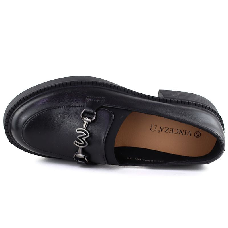 Women's leather lords moccasins with thick soles, black Vinceza 39985 Vinceza