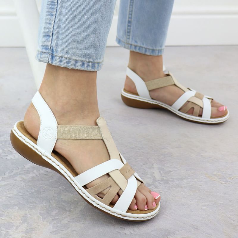 Comfortable women's slip-on sandals with elastic straps, white Rieker 65918-81 Footwear Your Sports Performance