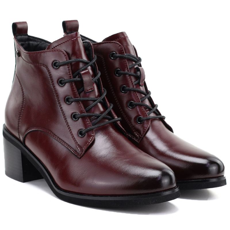 Women's leather lace-up high-heeled ankle boots, burgundy, Vinceza EN27-133107