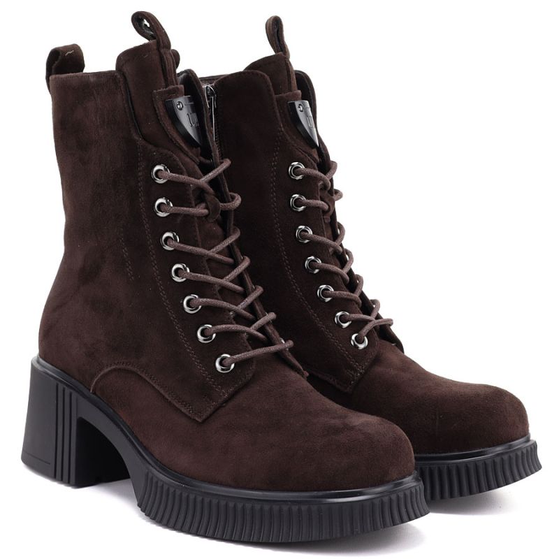 Women's leather ankle boots with a block heel and platform, chocolate brown, Vinceza 67009