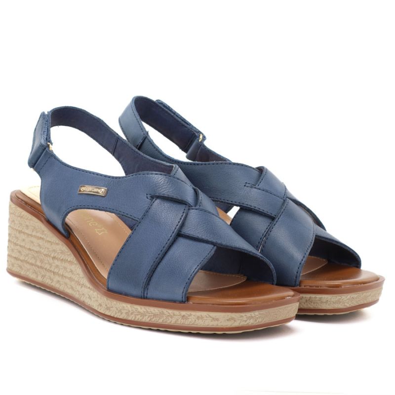Sergio Leone SK297 Navy Blue Women's Leather Wedge Sandals LEONE