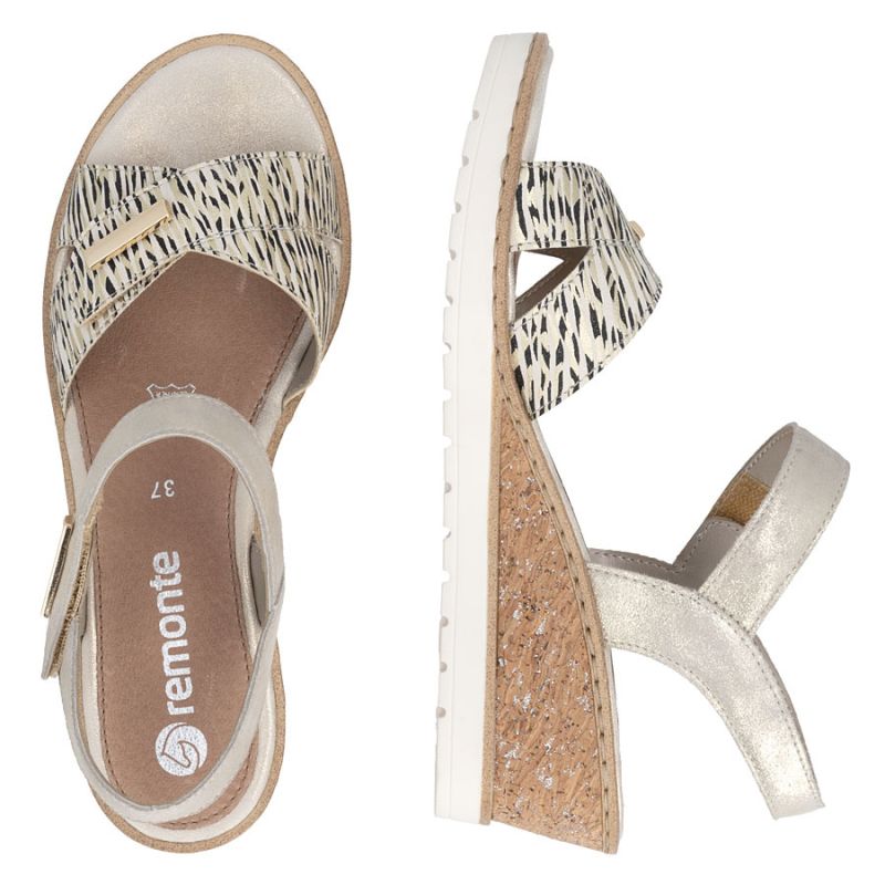 Women's gold leather wedge sandals Remonte by Rieker R6266-90 Rieker