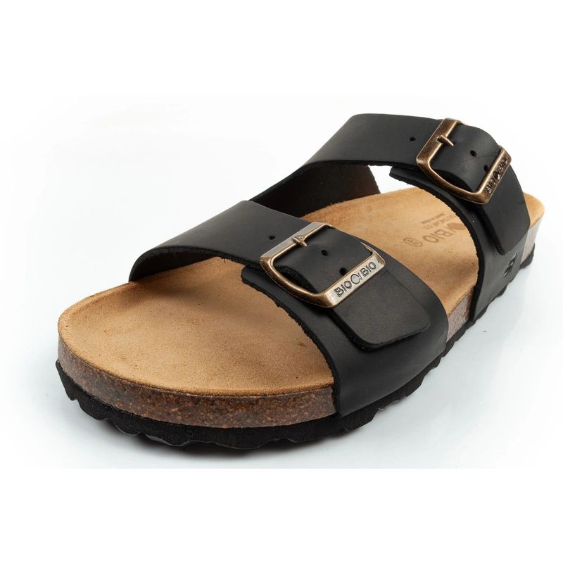 Bio Bio men's slippers, profiled flip-flops, natural leather, black