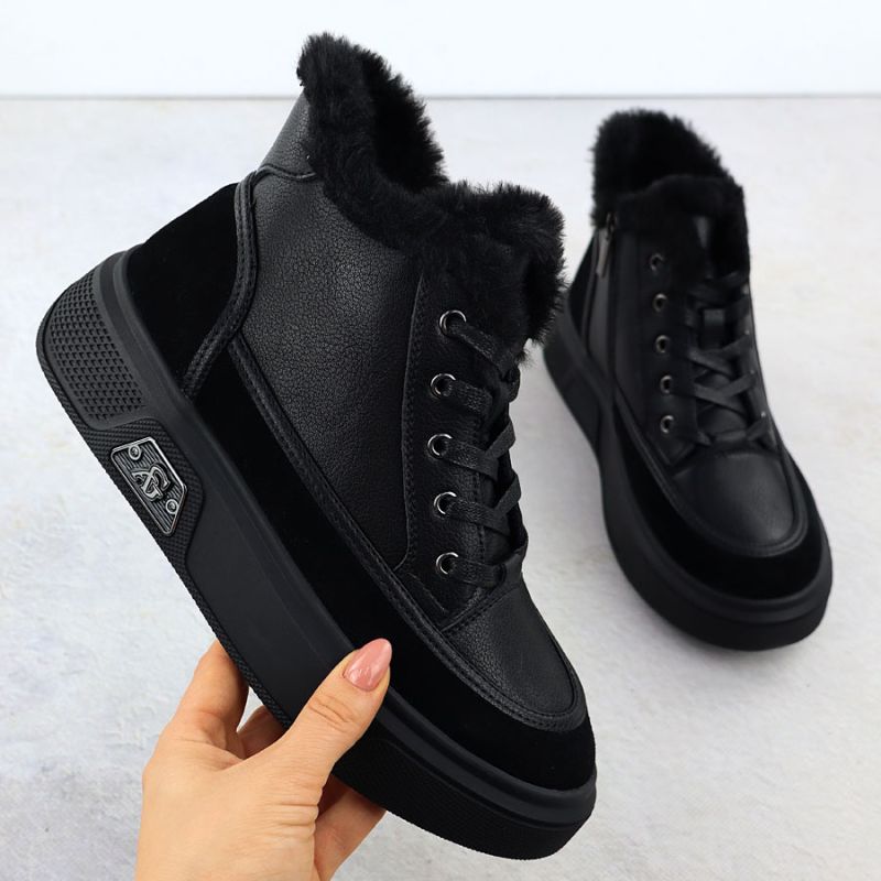 Black leather platform ankle boots with fur Cambell 25-19352 To be categorized Your Sports Performance
