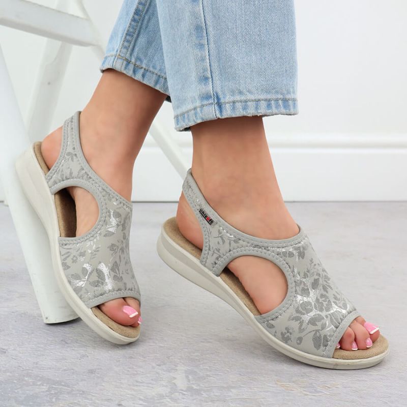 Women's elastic high heel sandals with floral pattern, gray Unisoft 7196 Footwear Your Sports Performance