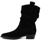 Black Ruched Leather Cowboy Ankle Boots for Women Sergio Leone BT-16-S