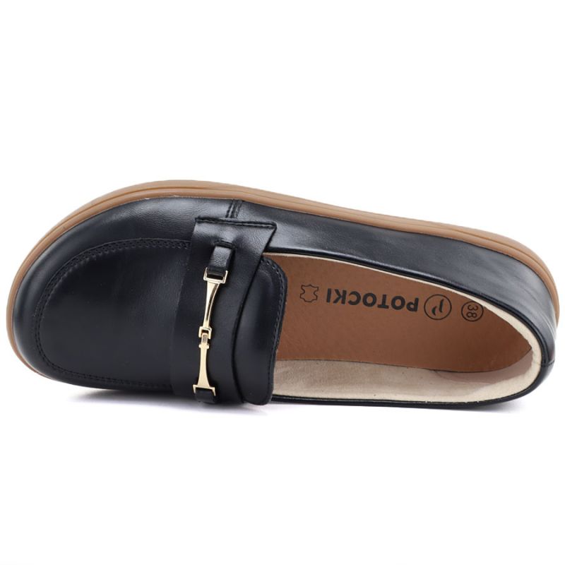 Women's leather moccasin shoes, wide, black, Potocki JE19507